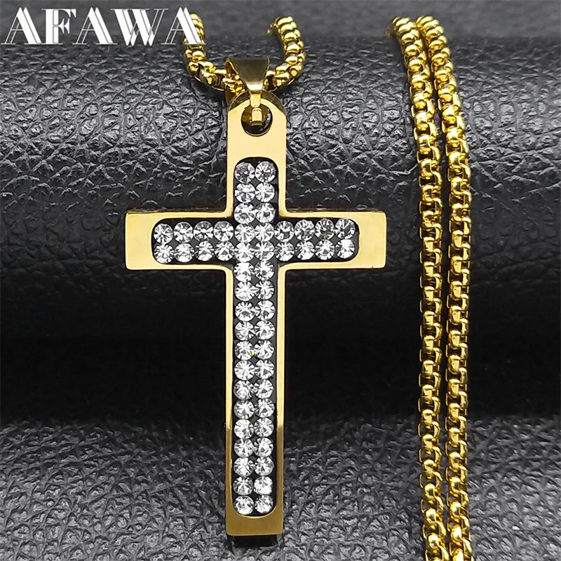 Hiphop Cross Pendant Necklace for Women Men Rhinestone Stainless Steel Gold Color Male Chain Catholic Jewelry collier NZZZ493S02