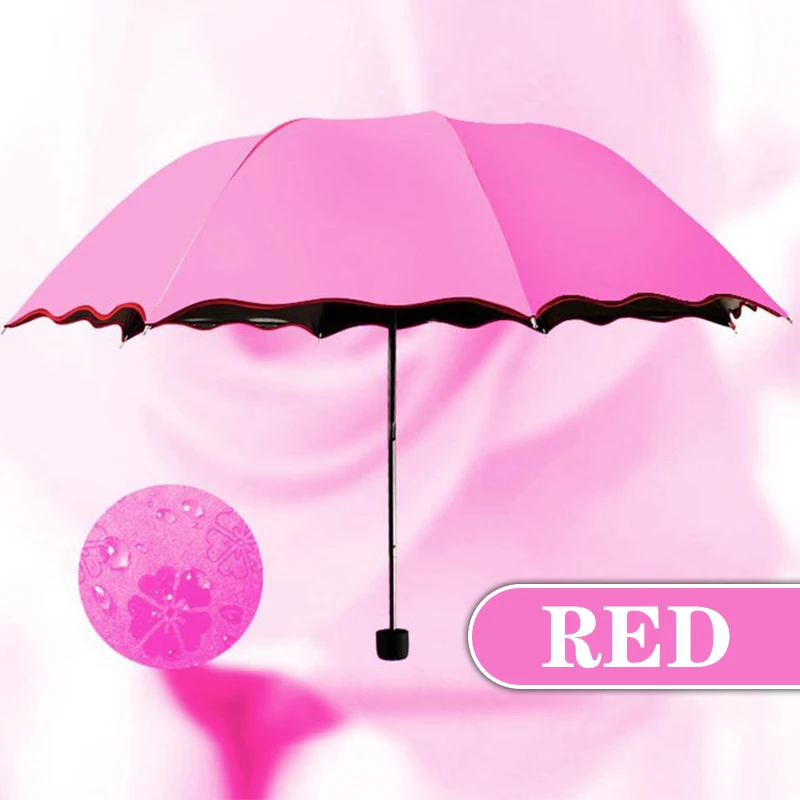 Ladies\'sunshine Umbrella Blossoms In Water Changes Color Parasol Umbrella Triple Fold Black Rubber Sunscreen UV Woman Umbrellas