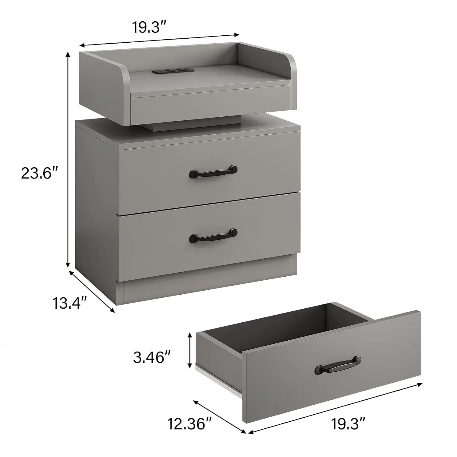 Grey Nightstand with Charging Station & LED Lights 2 Drawer Bedside Table for Bedroom Living Room, Customized