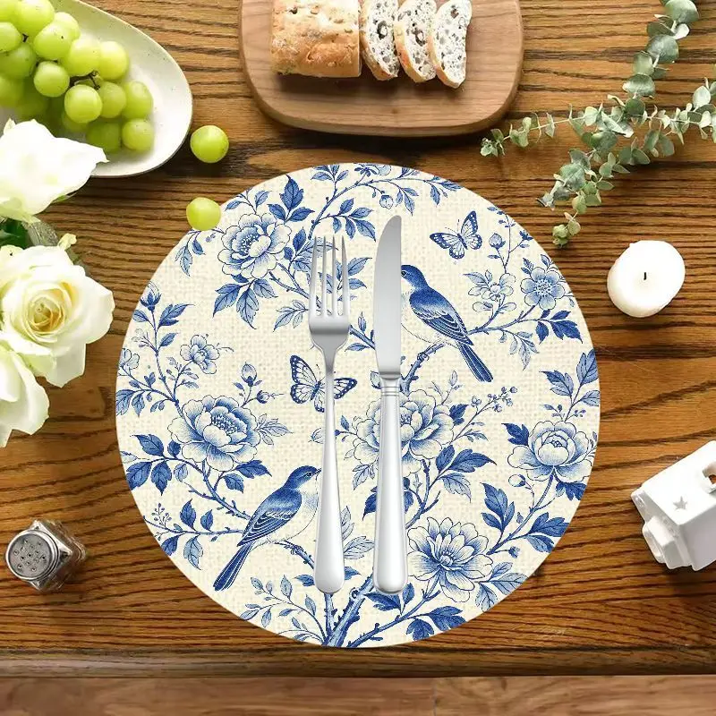 VIKAMA Watercolor Peony Placemat Set 2/4/6pcs Anti-Fouling Easy Clean Non-Slip Round Table Mat Kitchen Dining Decor