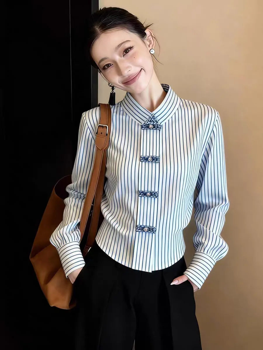 

Spring Autumn New Fashion Stripes Shirt Women's Elegant Polo Neck Single Breasted Long Sleeve Slim Cardigan Office Lady Tops