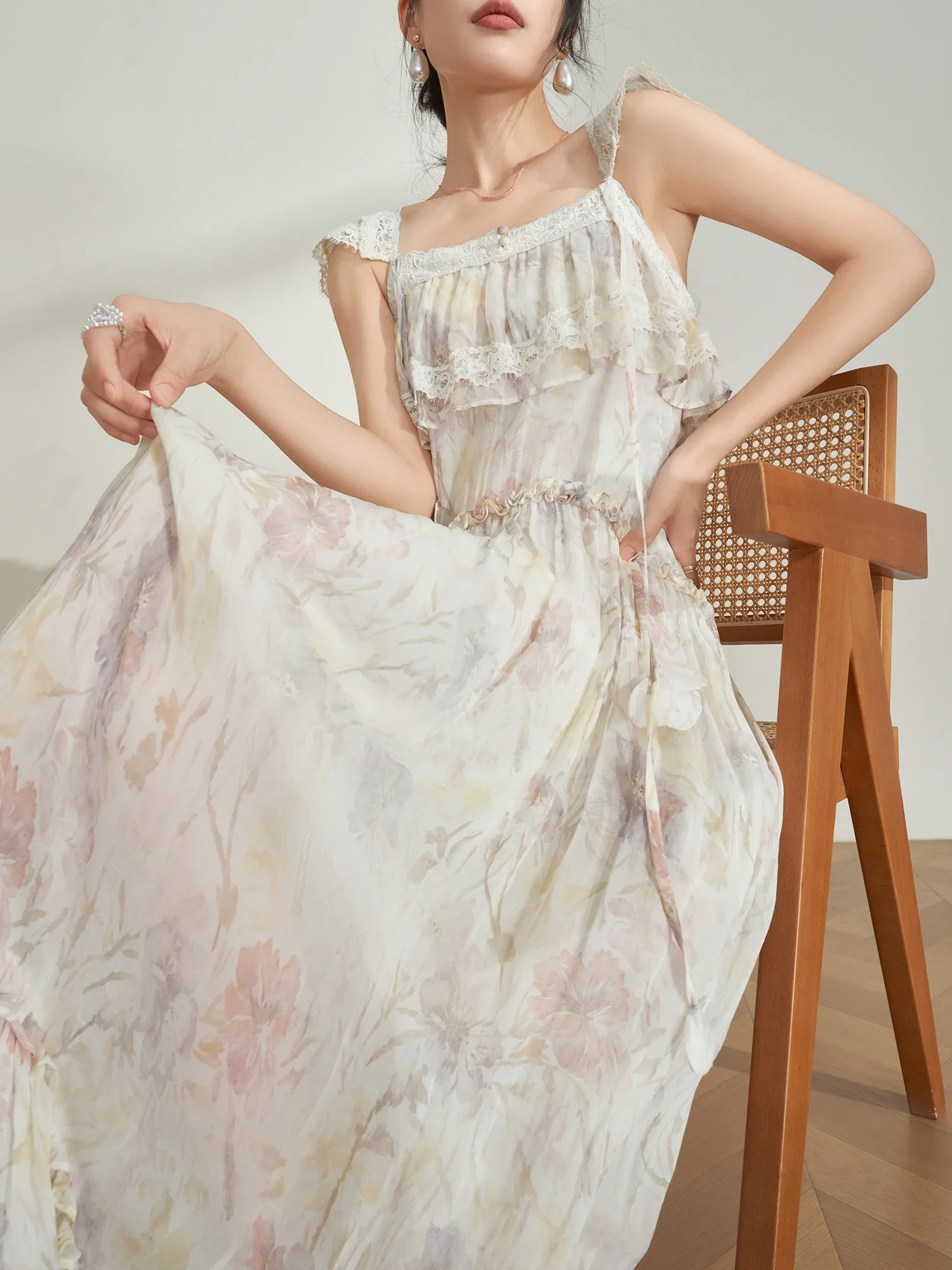 

Flowing Era Floral Lace Splice Summer Dress Women's Sleeveless Dress Beach Outfit Natural Waist Comfortable Breathable Polyes...