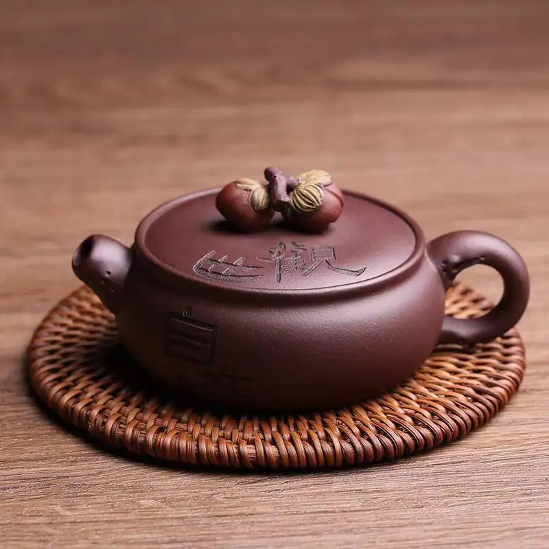 Yixing Purple Clay Persimmon-Shaped Pot, Imitation Of The Guanshi Zizai (Maitreya Buddha) Statue, Purely Handmade By A Famous