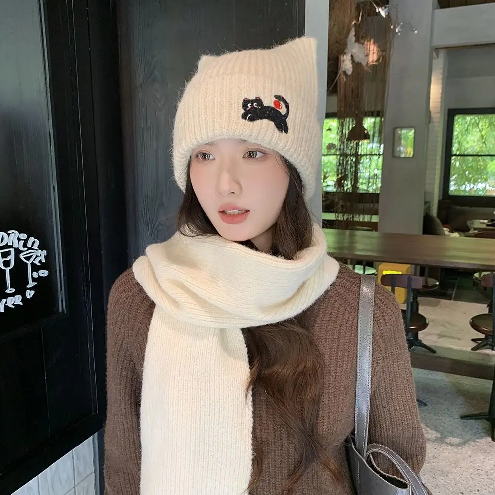الرجعية لينة آذان القط محبوك قبعة مطرزة القط مطاطا محبوك بيني سميكة الصوف قبعة صوفية الخريف