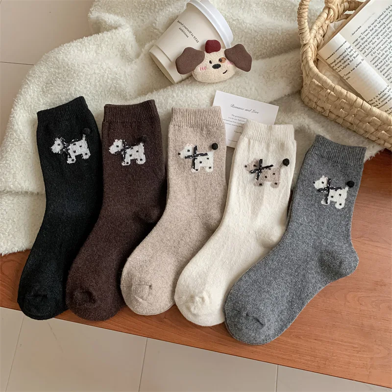 

10 pairs of cute cartoon dog socks for women in spring autumn warm thick sweat absorbing simple casual mid tube socks