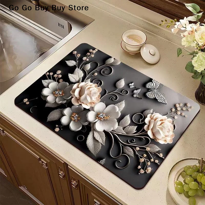 【S】Kitchen Dish Drying Mat With 3D Embossed Floral Butterfly Design And Non Slip Base Perfect For Kitchen Counter Bathroom Sink