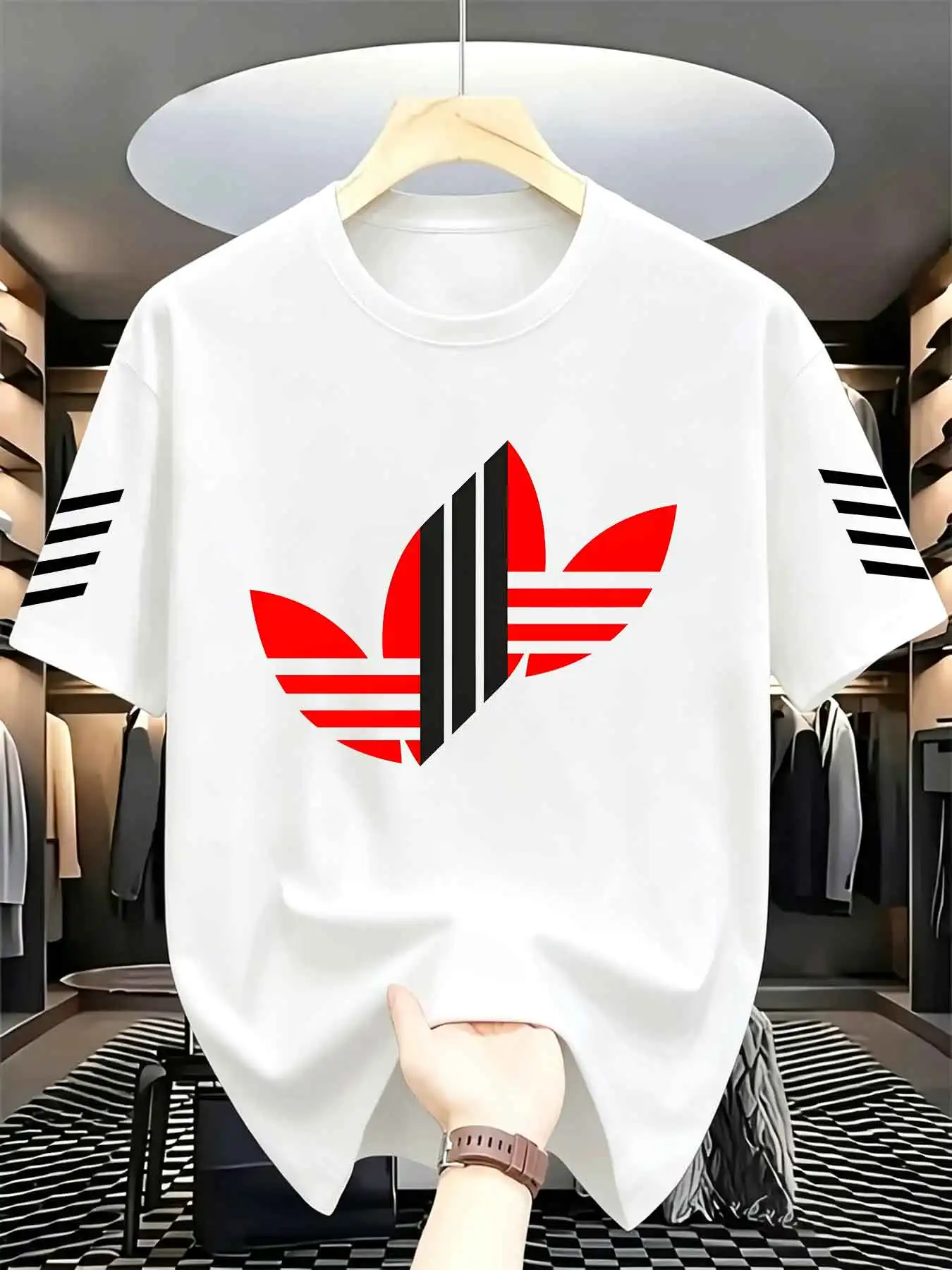 Men's Geometric Graphic T-shirt Summer Round Neck Short Sleeve Tee Breathable Casual Tops Striped Sleeve Print Male Daily Workou