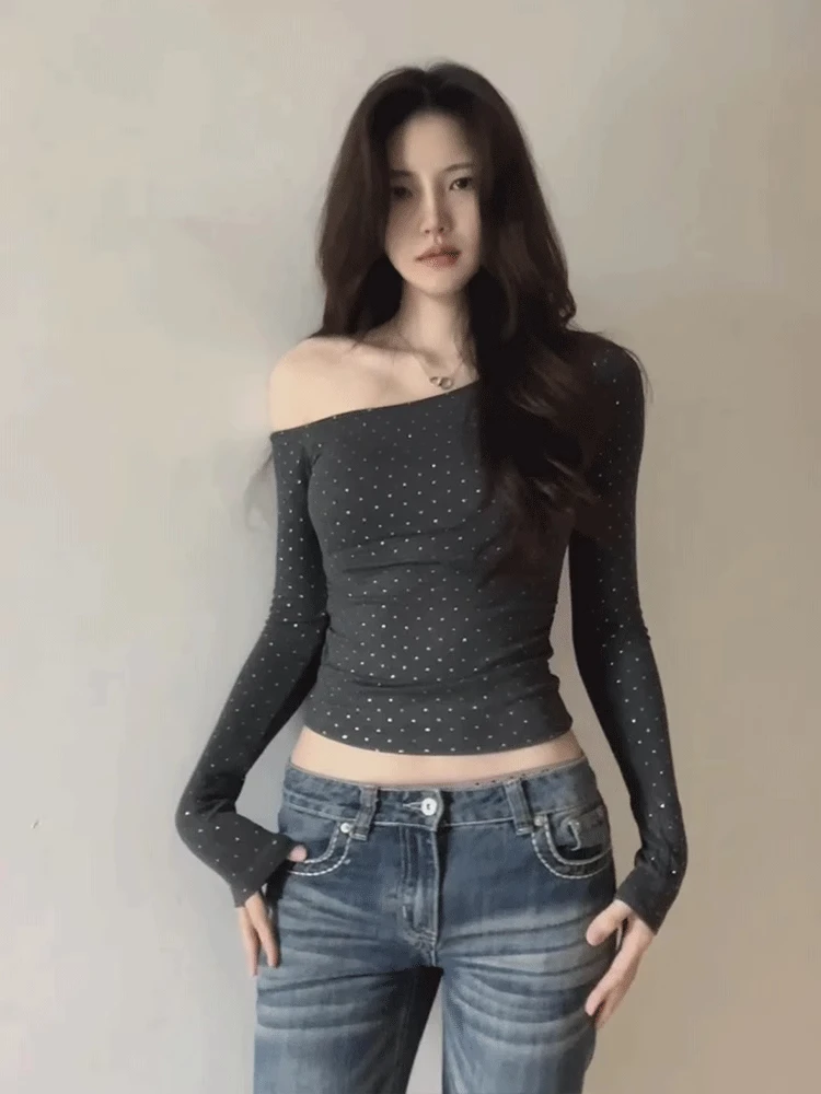 

Sexy Slash Neck Y2k Aesthetic Cropped T-Shirts Women Vintage Diamond Streetwear T-shirt 2025 Spring Harajuku Bodycon Fairy Tops