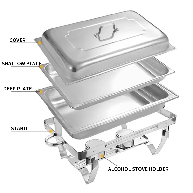 

9/8L буфетная печь из нержавеющей стали с прямоугольной крышкой, обеденная плита для отеля, спиртовая нагревательная изоляционная плита