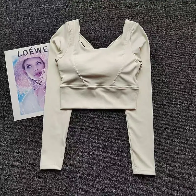 تي شيرت بدون ظهر، مع وسادات صدر، تي شيرت يوغا مقاوم للصدمات بأكمام طويلة، قميص رياضي سريع الجفاف وجيد التهوية، ملابس لياقة بدنية نسائية #3