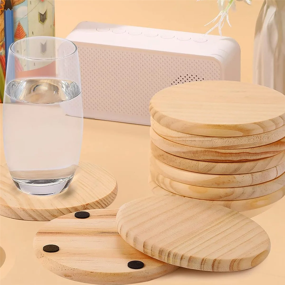 25 Pack Unfinished Wood Coasters, 4 Inch Blank Wooden Coasters Crafts Coasters with Non- Silicon Dots Round