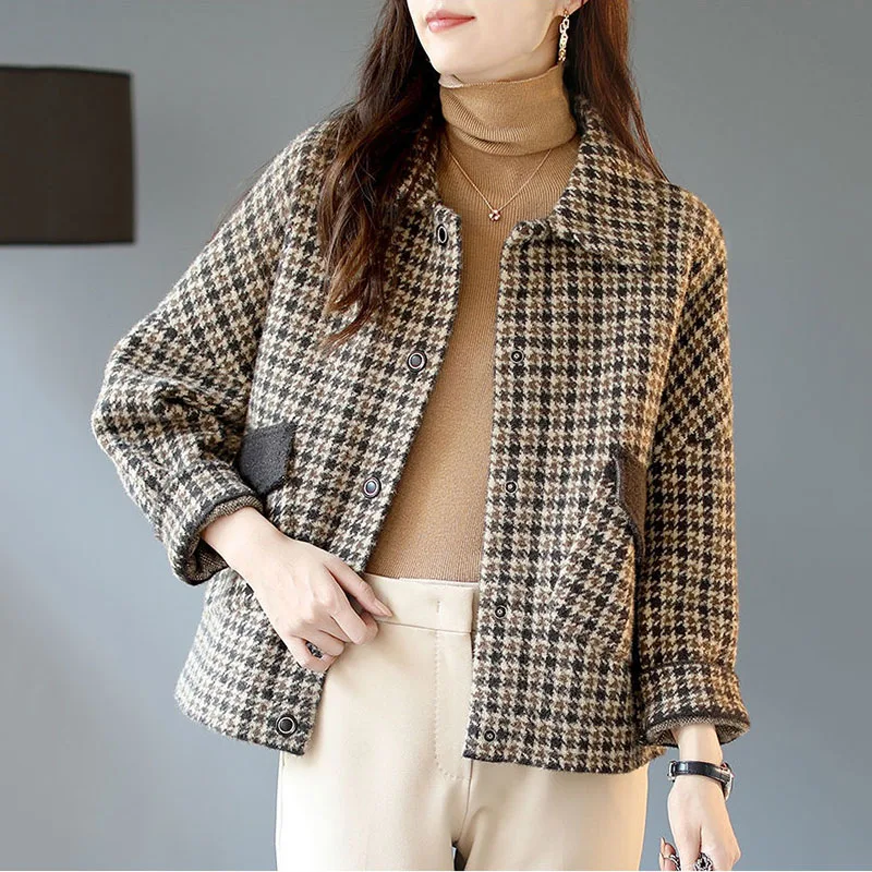 

Fashion Square Collar Houndstooth Short Woolen Coat Female Autumn Winter Korean Version Splicing Temperament Women's Wool Top