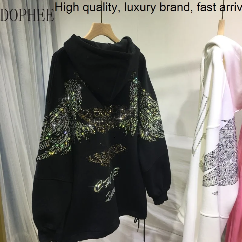 Hot Drilling Luxury Big Wings Butterfly Long Sleeve Outwear Autumn Winter Loose Hooded Jacket Streetwear Trendy Thicken Coats