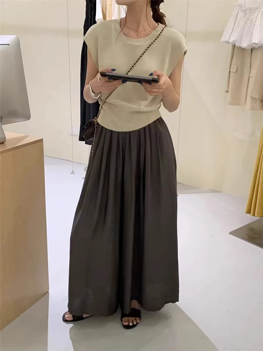 ワイドレッグパンツ ブラウン レディース 春 レディ モーダル ピーチミルキー バンチドパンツ パーソナライズされたバンド付き衣類 アメリカンスタイル レトロ