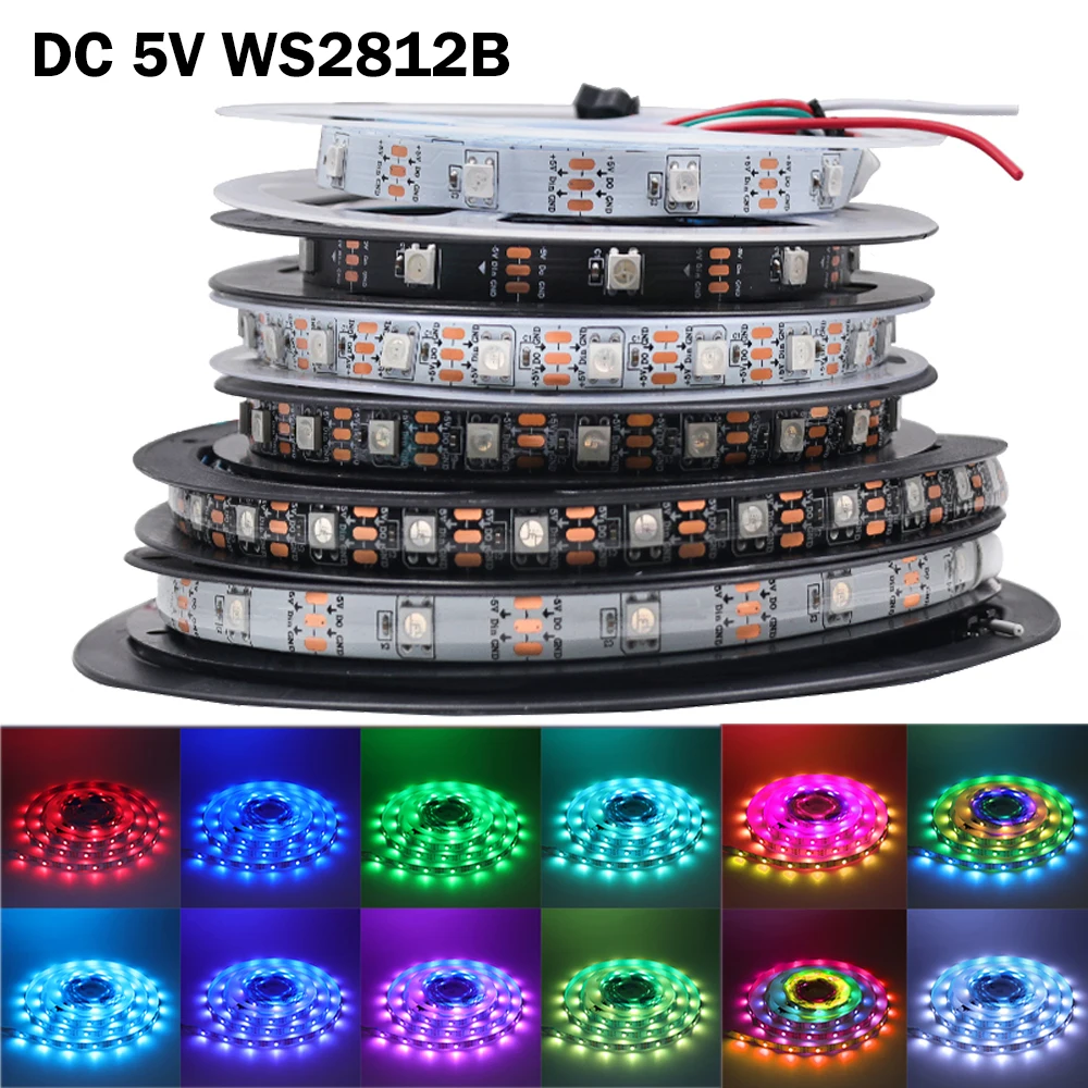 

DC 5V WS2812B LED Strip 30/60/LEDs/m Individually Addressable LED Tape Dream Color RGBIC LED Lights Black/White PCB IP30/IP65