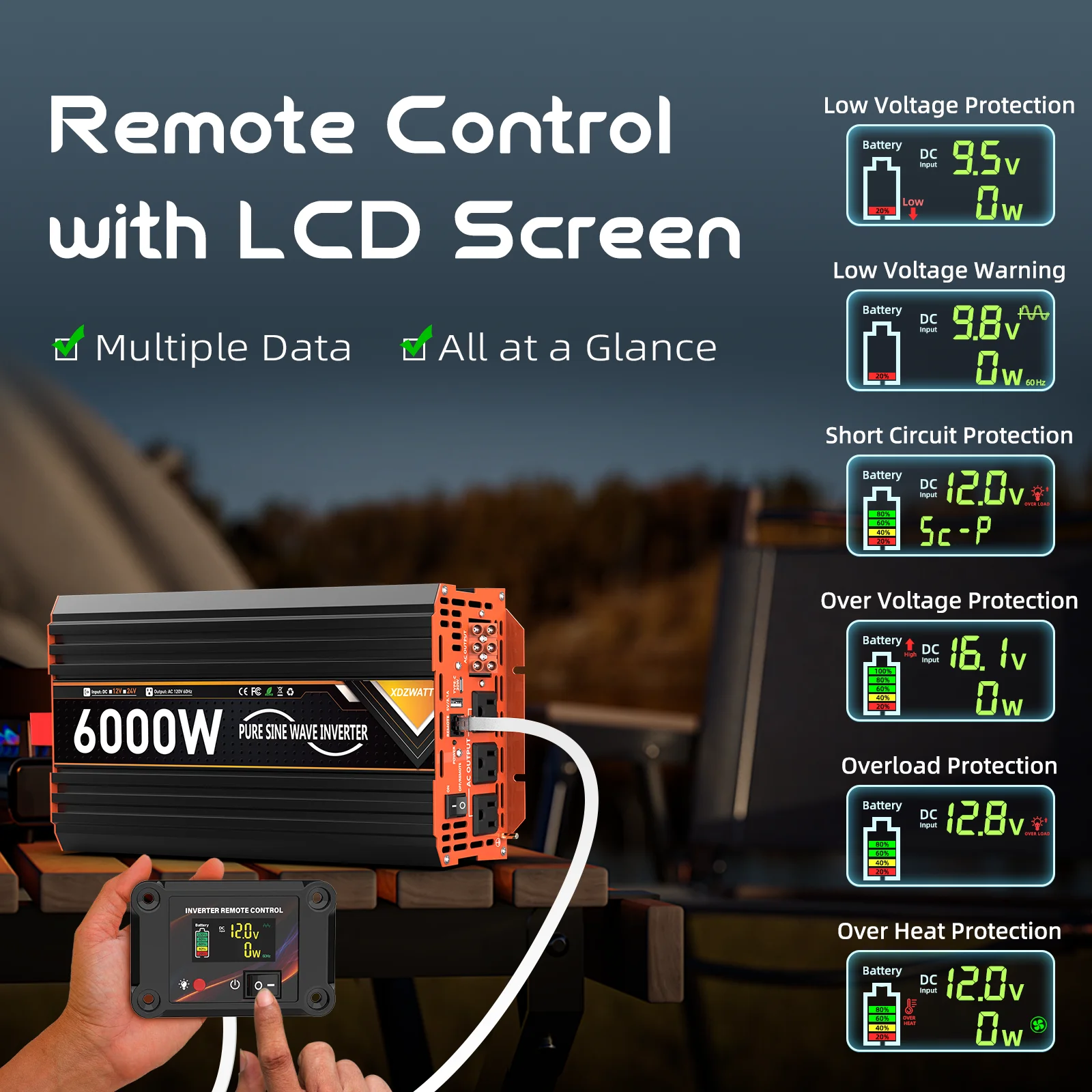 12 فولت 24 فولت 3000 واط 6000 واط الذروة نقية شرط لموجة عاكس الطاقة مع جهاز التحكم عن بعد شاشة الكريستال السائل USB نوع-C حماية متعددة ل RV #6