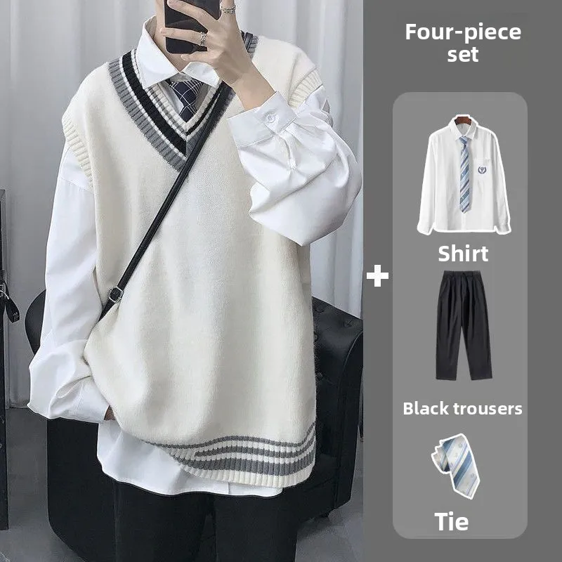 

Базовый вязаный жилет в студенческом стиле для мужчин, весенне-осенний, парный комплект, женская рубашка в гонконгском стиле, классическая униформа