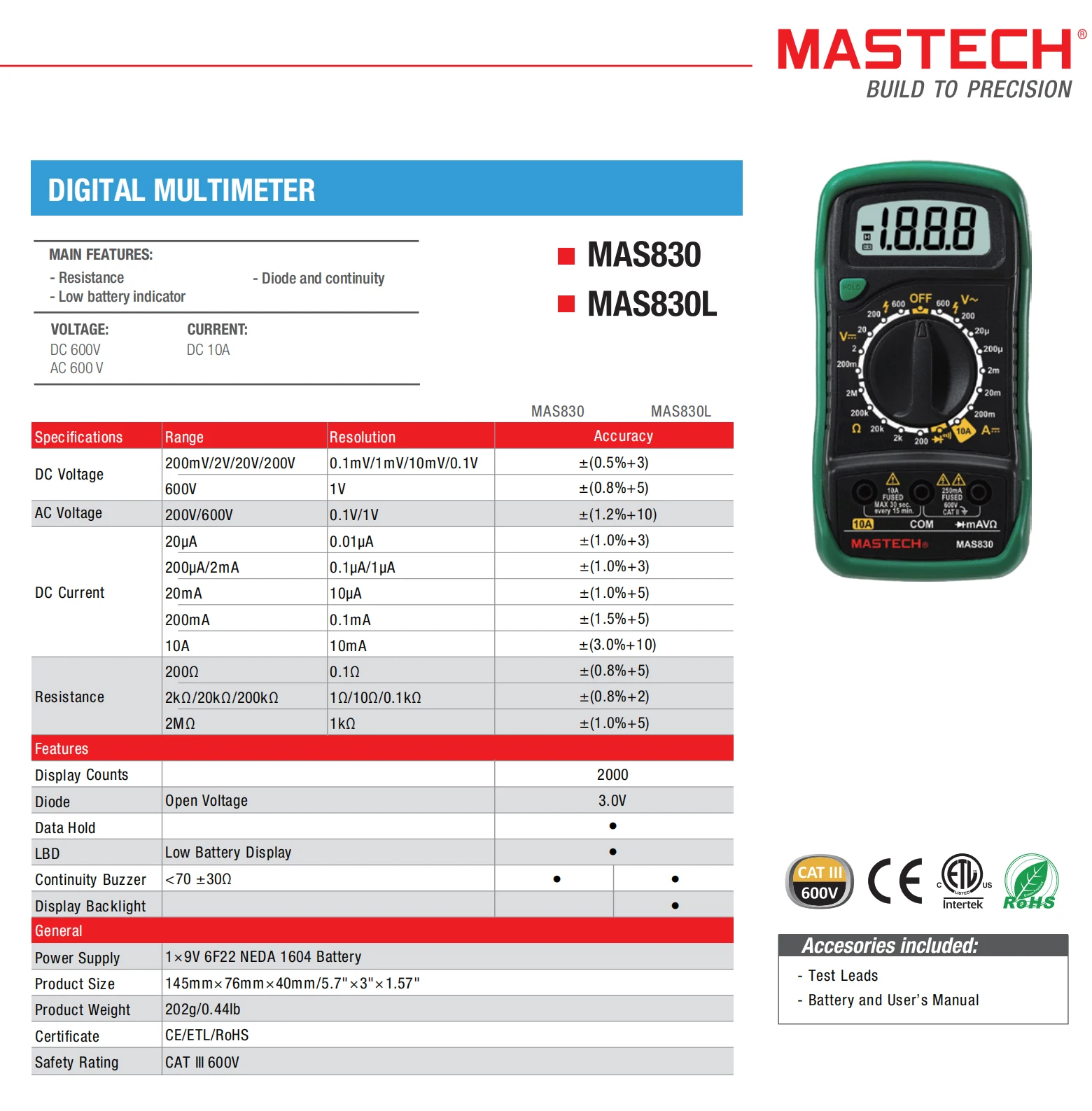 MASTECH MAS830L Mini podręczny multimetr wyświetlacz cyfrowy LCD miernik prądu DC podświetlenia Test hFE diody ciągłości danych