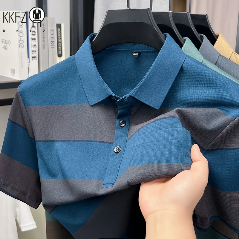 Mens thin mesh short sleeve polo top lapel three button placket horizontal band stripe chest pocket elastic casual garment