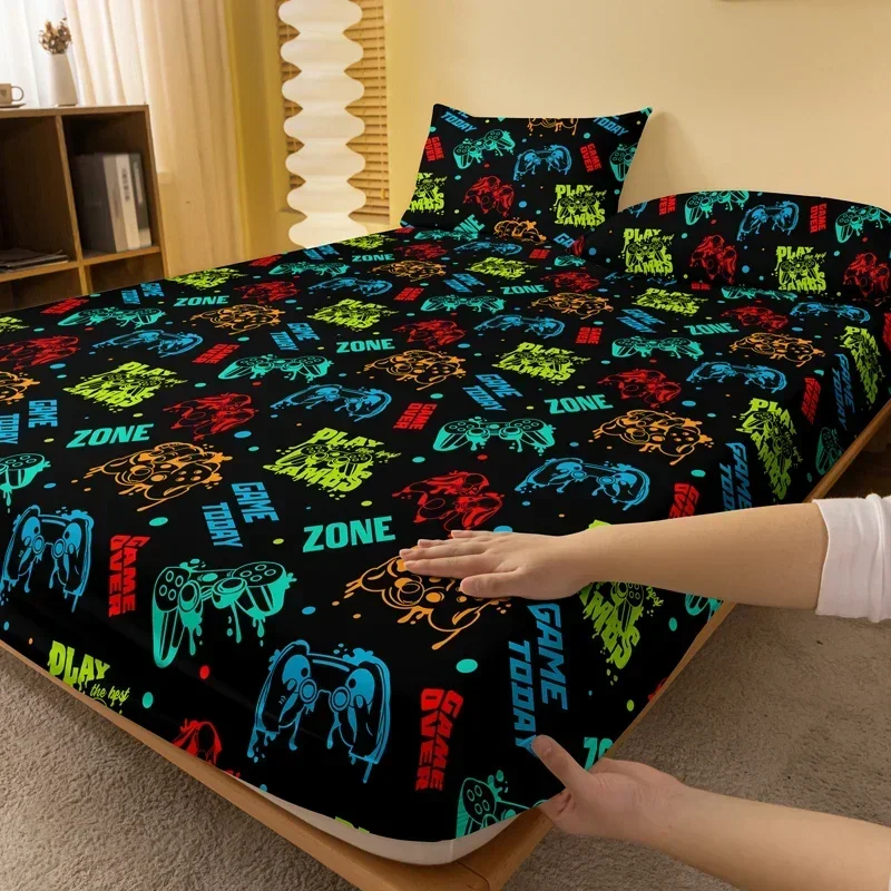 1 Cartoon Fun Game  Printed Matte Fitted Sheet, Bedroom Printed Bed Cover, Bedding (Excluding Pillowcases)