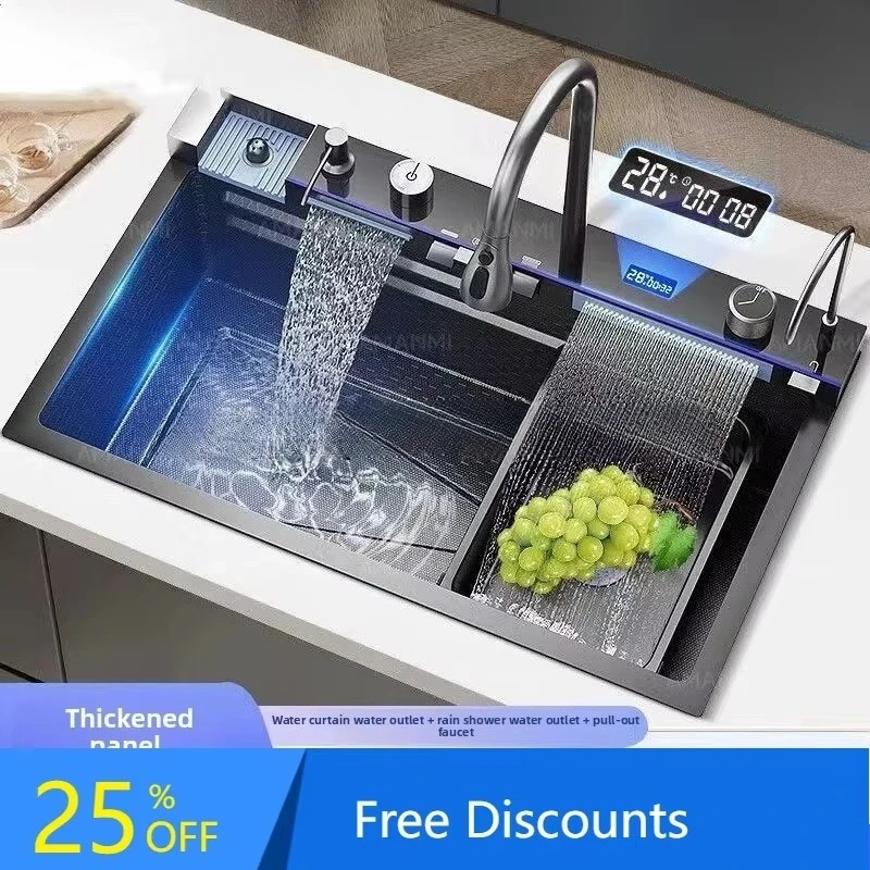 Kitchen Waterfall Large Single Sink Honeycomb Nano Household Digital Display Raindance Piano Key Integrated Set