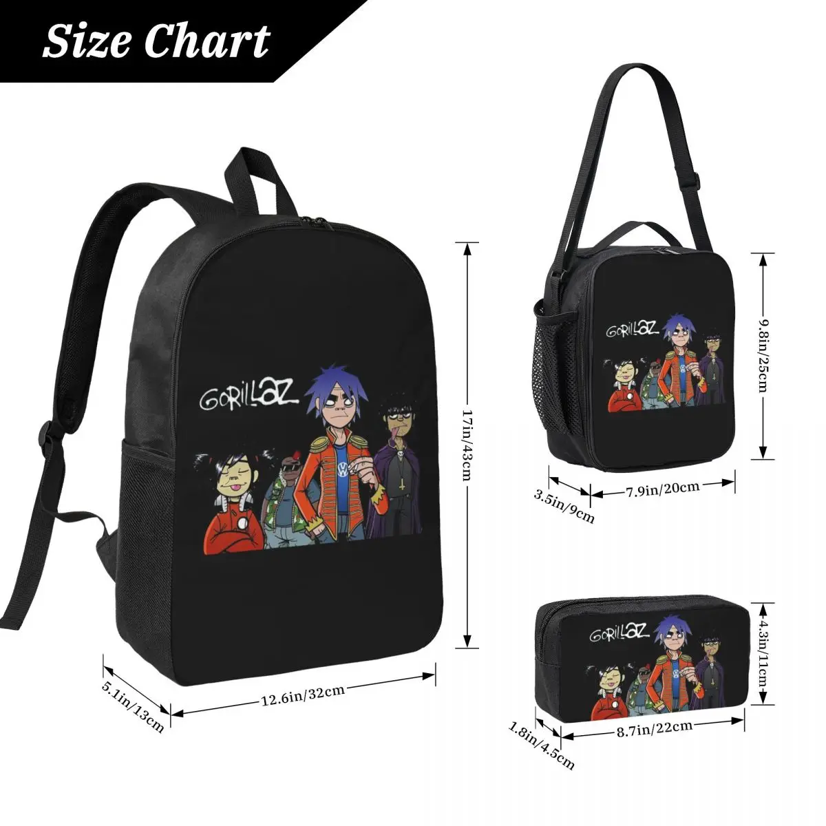 Gorillaz Backpack Boys Girls BookBag School Bag Computer Shoulder Bags 3ps Insulated Lunch Bag Pencil Case