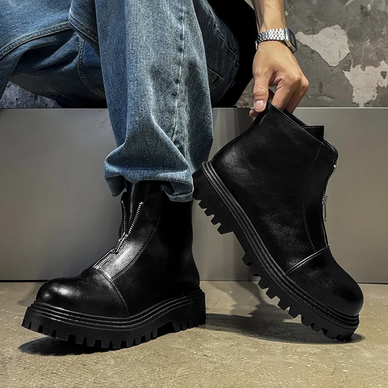 أحذية رجالية عصرية ذات نعل سميك من Punk Rock أحذية جلدية أصلية عصرية باللون الأسود أحذية كاوبوي للكاحل مصممة تشيلسي قصيرة بوتاس هومبر #2