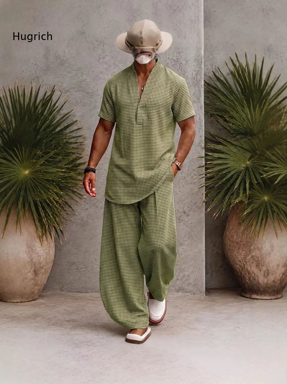 Men Checkered Two Piece Outfit V Neck Short Sleeve Half Placket Top And Wide Leg Long Pants Casual Coordinate Clothing Set