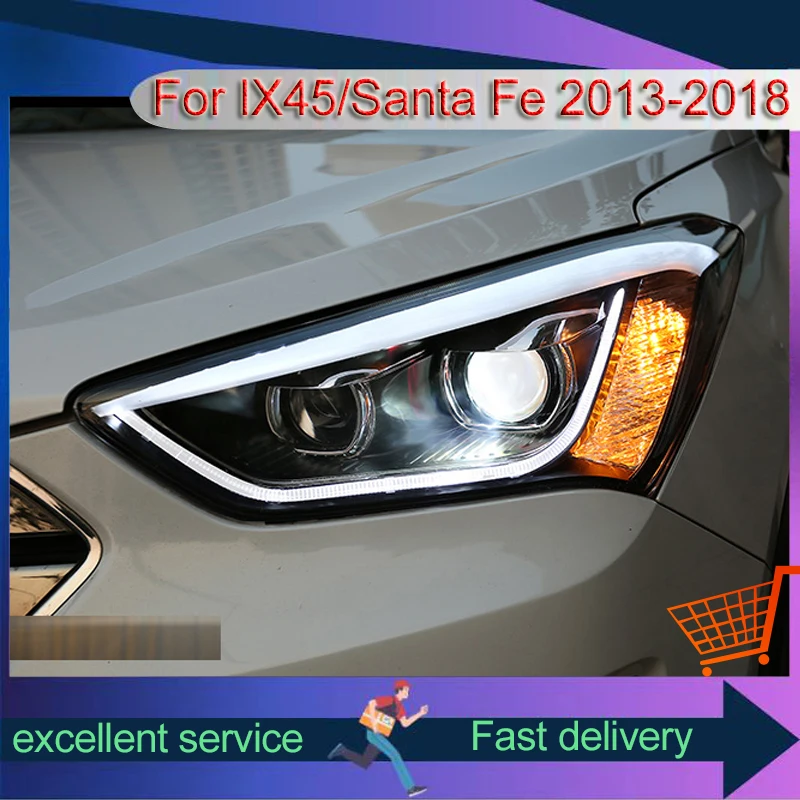 Automobile Headlights For Hyundai IX45/Santa Fe 2013-2018 Front Lamps Assembly Modified LED Eyebrow DRL Dual Lens Xenon Lights