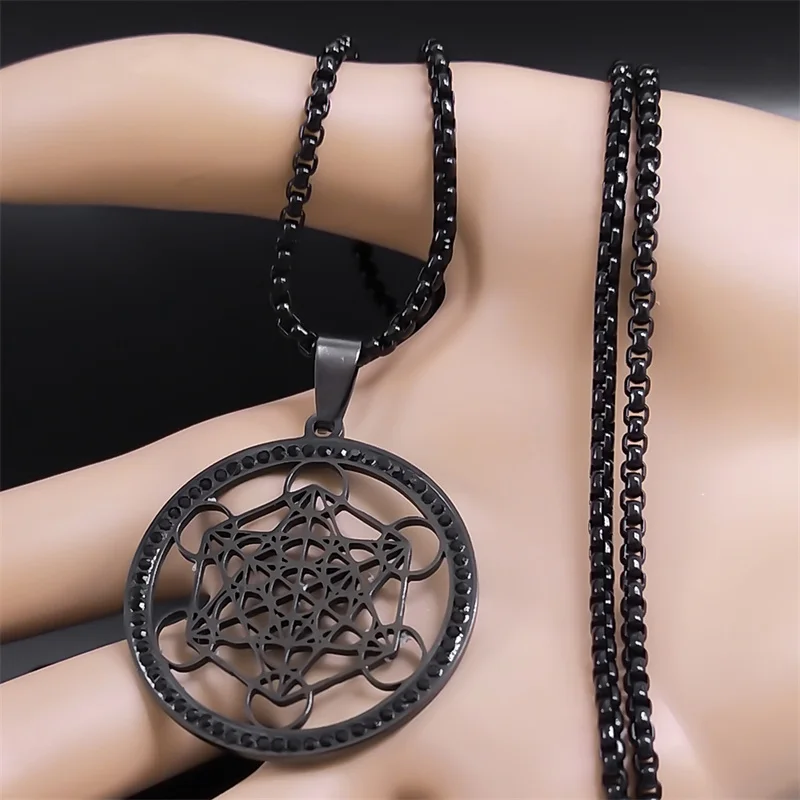 Sacred Geometry Metatron Cube Necklace Stainless Steel Black Color Chakra Spiritual Necklaces Jewelry flor de la vida bisuteria