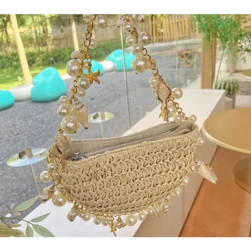 Fashion pearl woven women's crossbody bag handbag Bohemian rattan beach bag women's single shoulder crossbody bag handbag