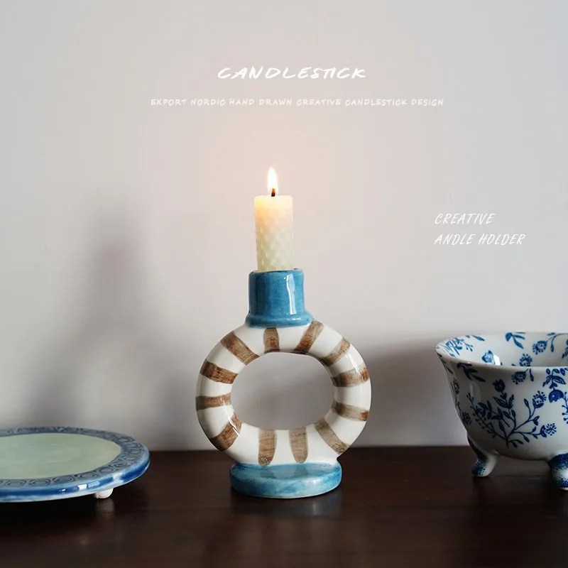 Nordic Hand-painted Striped Creative Ceramic Candlestick Table Candlelight Dinner Home Decoration Candle Holders Room Decor
