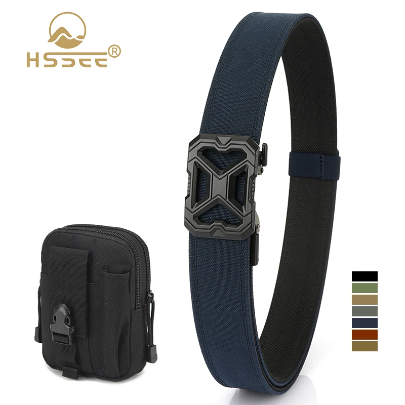 HSSEE Blue Military Tactical Belt for Men Thick Nylon Adjustable Trousers Girdle Zinc Alloy Automatic Buckle Duty Work Belt