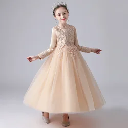 Girl Princess Dress Long Sleeve Elegant Girls Wedding Party Prom Gown Appliques Flower Kids Dresses for Evening 12 14 Years