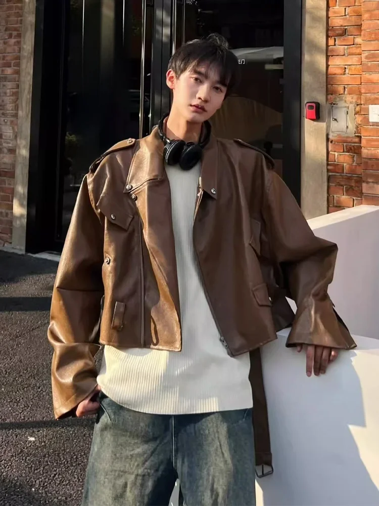 

Brown ort Leather Jaet Men's Autumn Motorcycle Riding Faion High-End Feeling Cool Small-Batch Biker Clothes