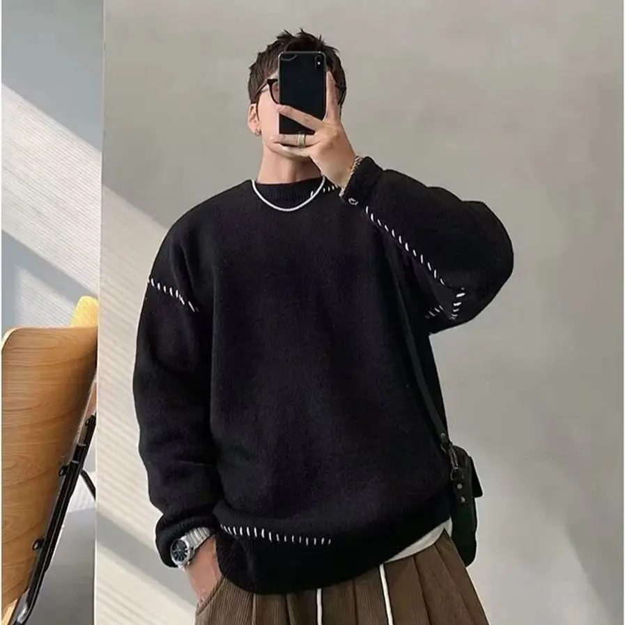 

Color Block Round Neck Sweater Men's New Autumn Winter Niche Topstitching Design Loose Long Sleeve Casual Knitted Pullover Tops