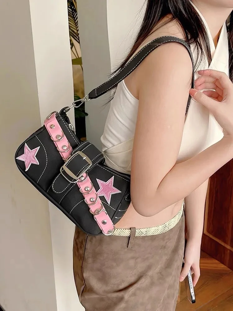 

New Y2K Splicing Star Underarm Bag Sweet Cool Spicy Girl French Stick Bag Trendy Cool Single Shoulder Crossbod