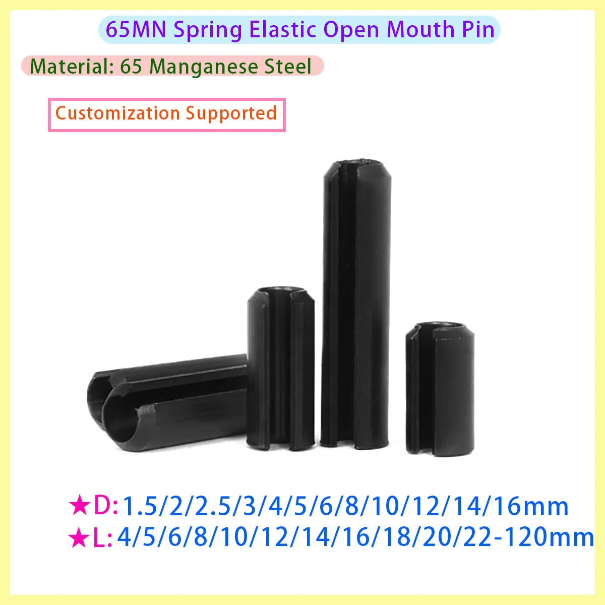M1.5 M2 M2.5 M3 M4 M5 M6 M8 M10 M12 Black Spring Type Direct Selling Steel Elastic Cylindrical Pin