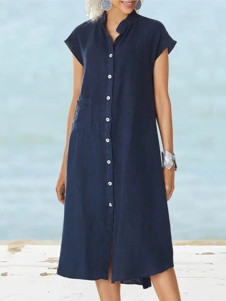 

Summer Cotton Linen Long Dress For Women Solid Sleeveless Pocket Loose Button Shirt Dresses Vintage Casual Beach Dress Vestidos
