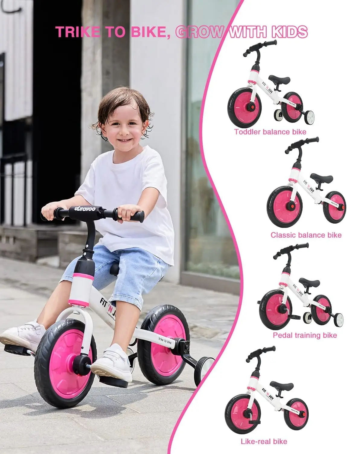 Trike to Bike Riding Tricycles for Boys Girls 2-5, Fit 'n Joy Kids Balance Bike with Pedals & Training Wheels Options, 4-in-1 St