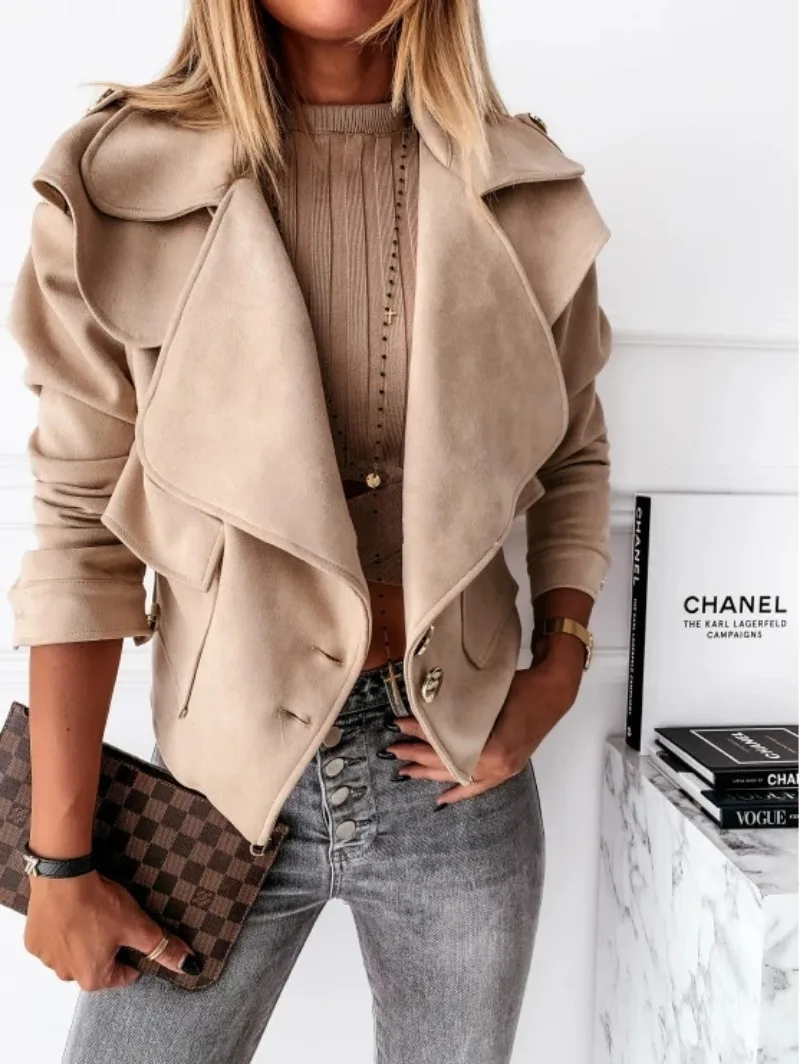 Jacket S-2XL Pockets Short Fashion Autumn Coat Winter Short Jacket Suede Autumn Jacket Women Solid Color Buttons Jacket