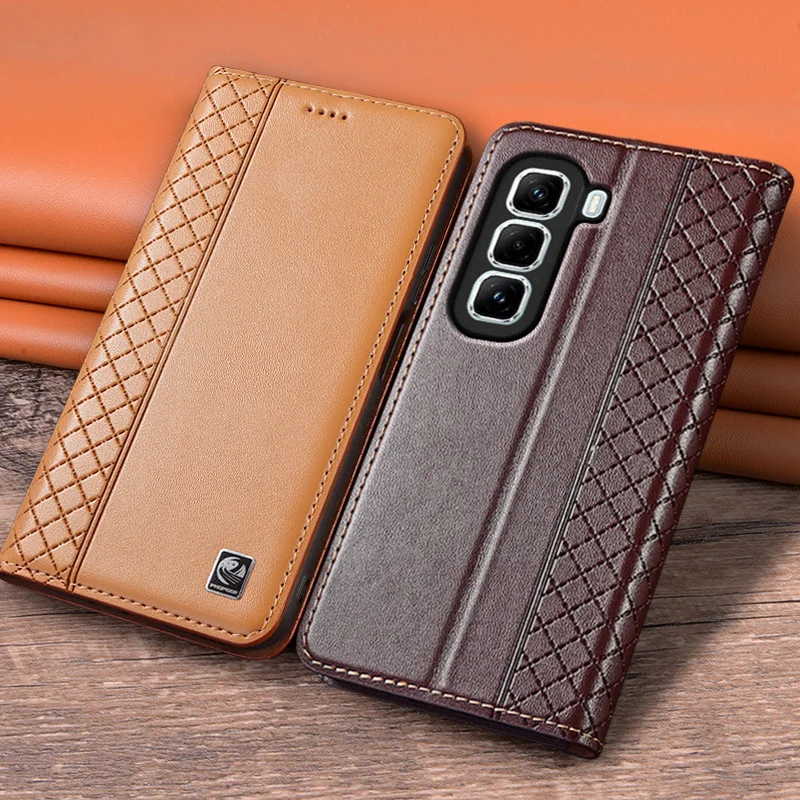 

Flip Case For Infinix Hot 60 60i 50i 50 Pro+ Plus 4G 5G Genuine Leather Magnetic Cover Luxury Cowhide Grid Pattern Wallet Cases