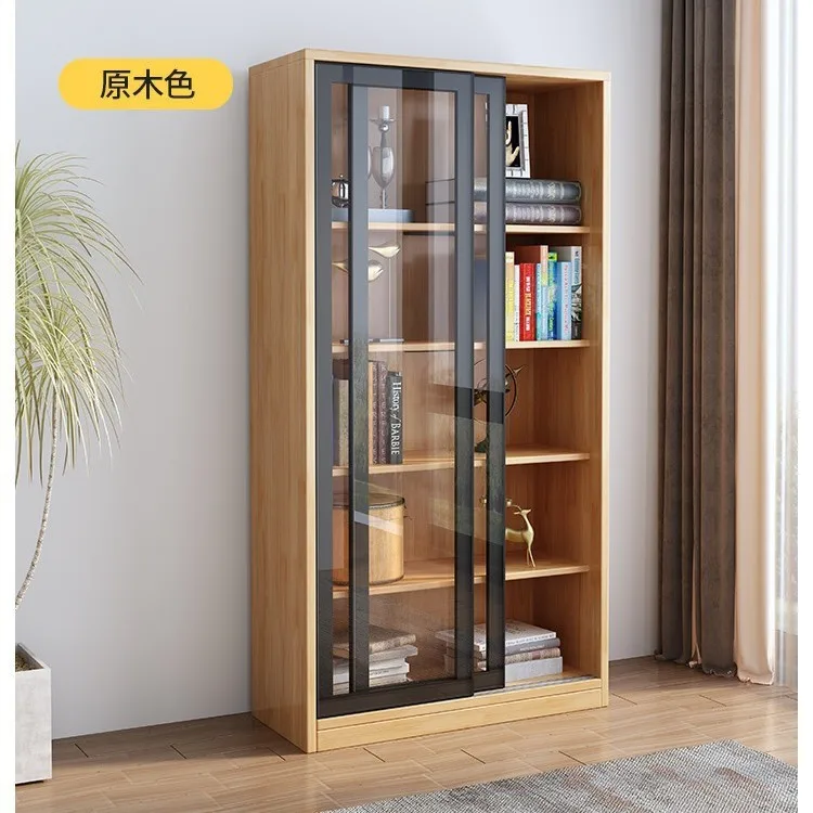 Solid wood bookshelf floor cabinet household modern simple living room study glass sliding door bookcase