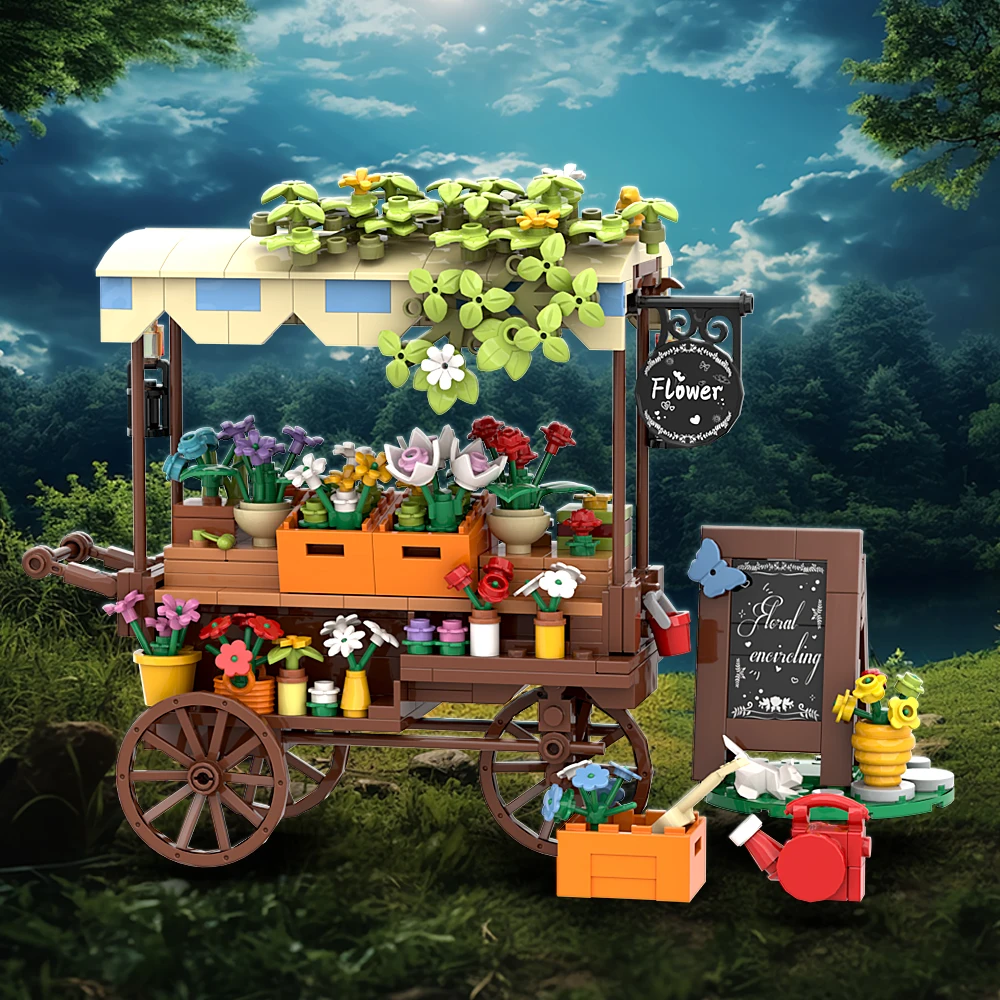 MOC Christmas Themed Flower Stall Truck Model Building Blocks Diy Halloween Night Market Flower Stall Bricks For Children Gift