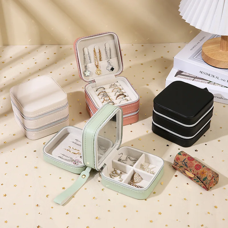 Multifunctional PU leather jewelry box going out portable ring necklace high-end zipper with mirror mini jewelry storage box