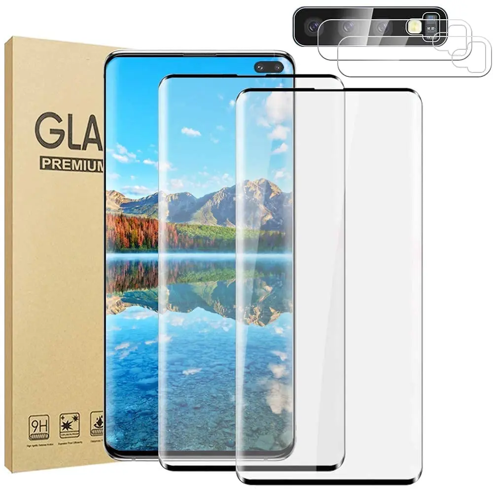 

[2 PACK] 3D curved Tempered Glass Full Coverage Film+[2 Pack] Lens Protector Screen Protector for SAMSUNG GALAXY S10/S10+/S10 5G