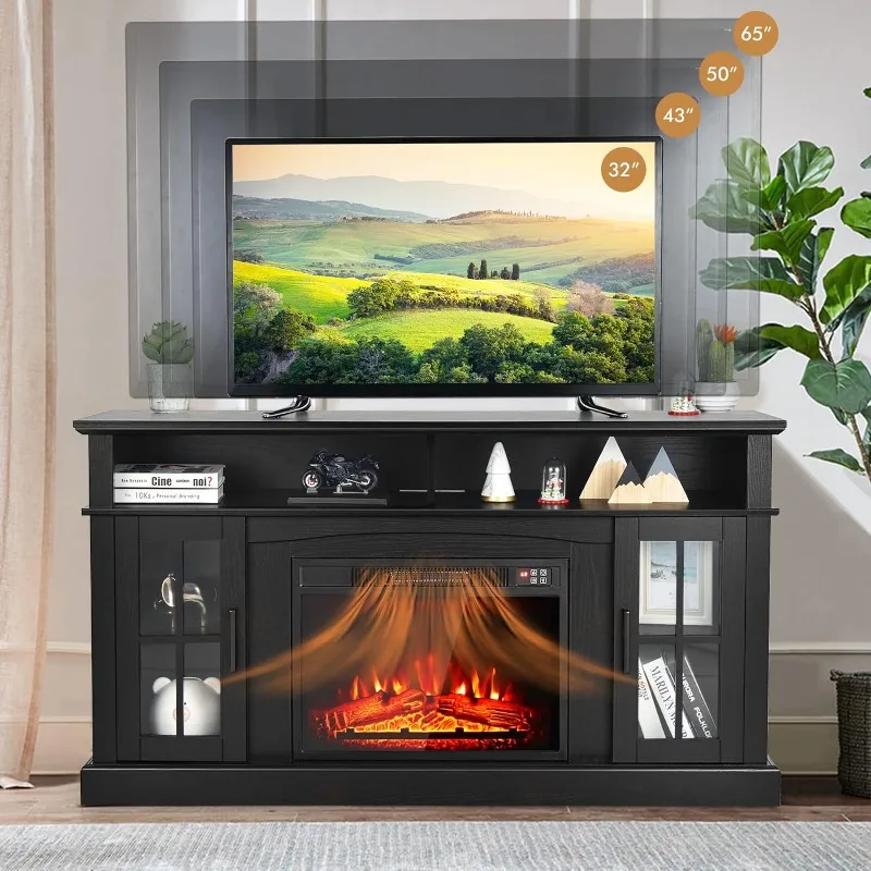 58 Inch Electric Fireplace TV Stand for TVs up to 65 Inch, Modern TV Console with 23'' Fireplace, 2 Open Shelves & Cabinets