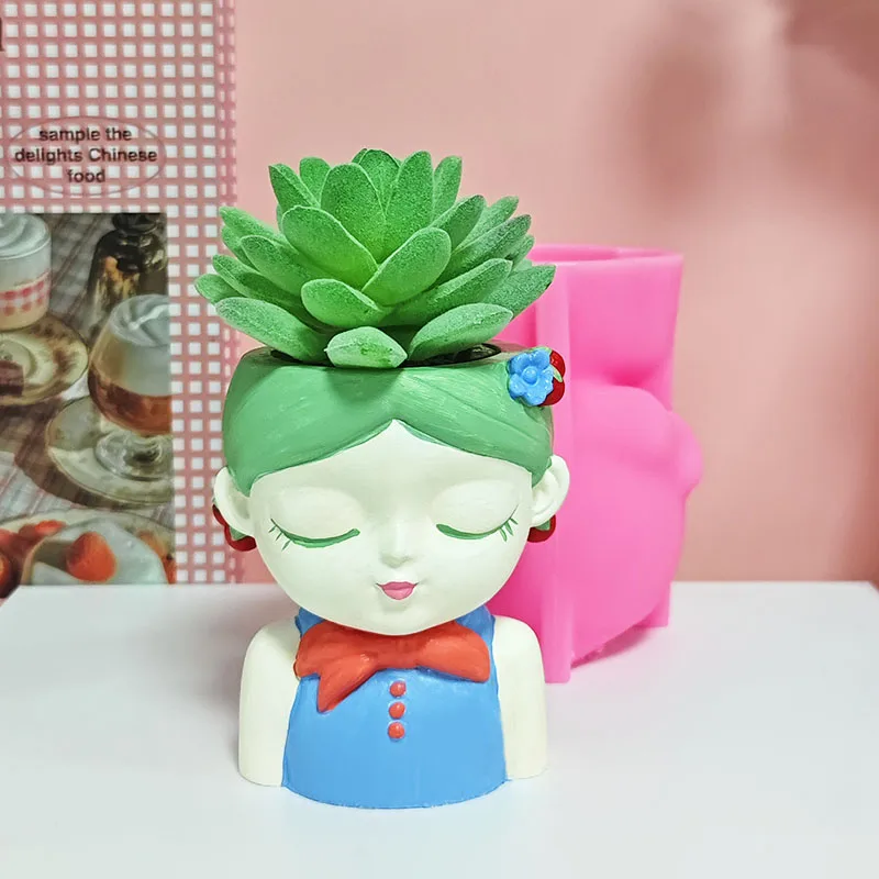 Bow-Tie Girl Half-Body Portrait Flower Pot Silicone Mold DIY Cement Plaster Succulent Planter Mold Bowknot Girl Flower Vessel Handmade Casting Mold