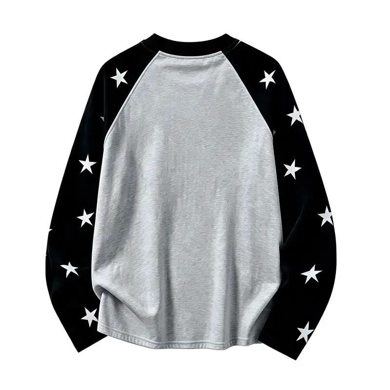Star Print Contrasting Raglan Long Sleeved T-shirt for Women Loose Casual Cotton Top Unisex Y2k Streetwear Chic Clothing