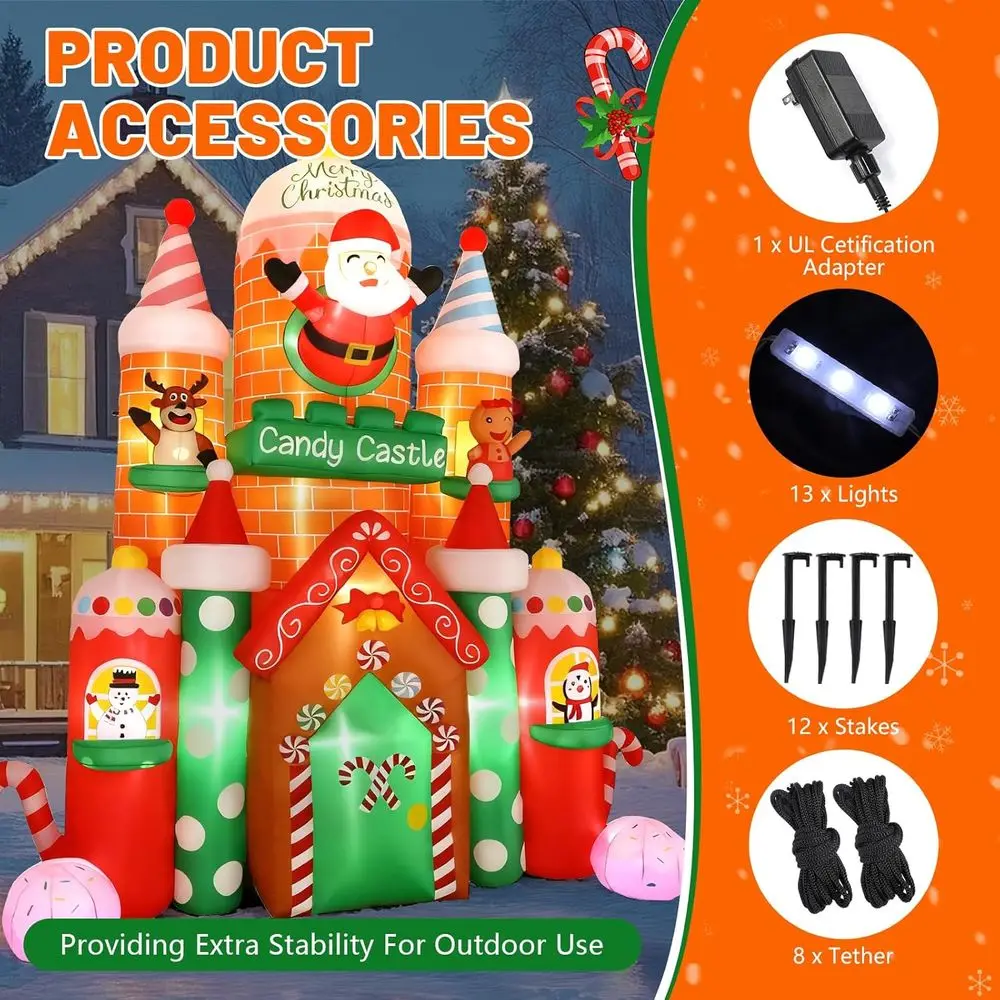 Castelo de Doces Gigante Inflável 11T para Decoração Externa com Luzes LED Integradas, Inflável com Papai Noel, Rena e Biscoito de Gengibre